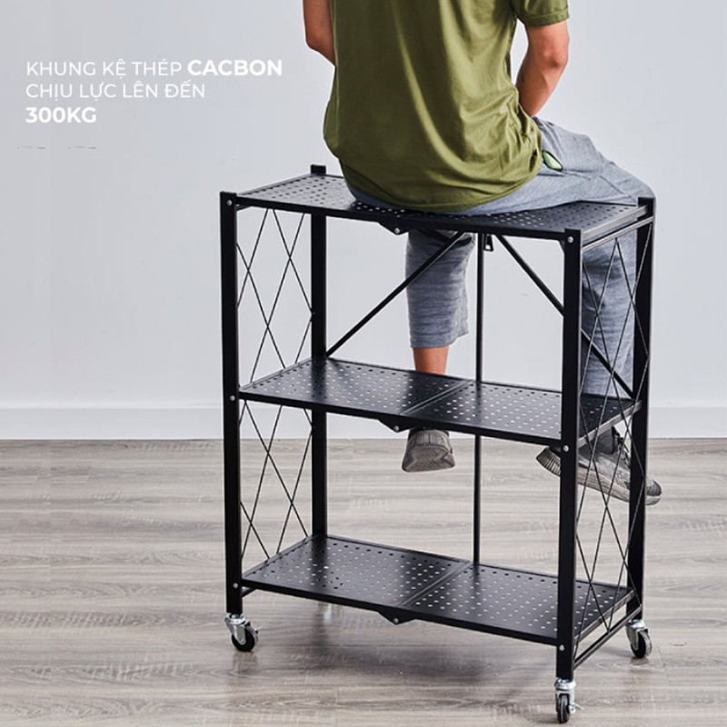 Kệ để đồ nhà bếp đa năng giá gấp gọn sơn tĩnh điện có bánh xe di chuyển thông minh đựng lò vi sóng 3 tầng 4 tầng 5 tầng
