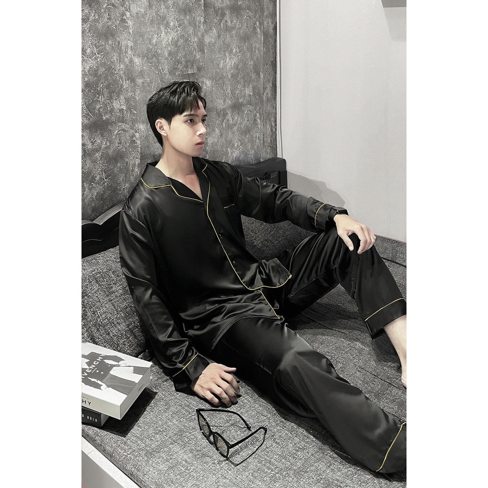 Đồ ngủ nam lụa mềm mại bộ đồ pijama nam lụa ngọc trai trơn màu đen mặc cơ bản T14NT
