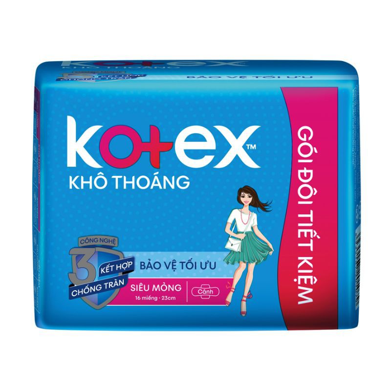 Băng Vệ Sinh Kotex Khô Thoáng Siêu Mỏng Cánh 23cm Gói 16 Miếng