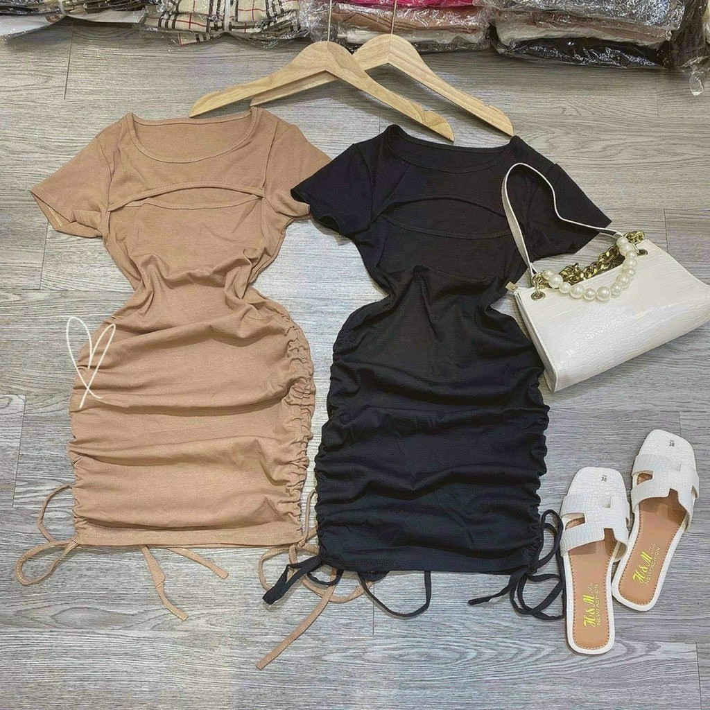 Đầm body tay ngắn cổ tròn cắt ngực rút dây 2 bên xinh sexy ly