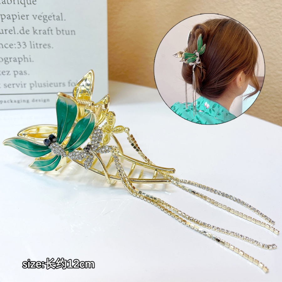 Kẹp Tóc Đuôi Ngựa Bằng Kim Loại Hình Chuồn Chuồn Đính Đá Pha Lê Xanh Lá Phong Cách Hàn Quốc