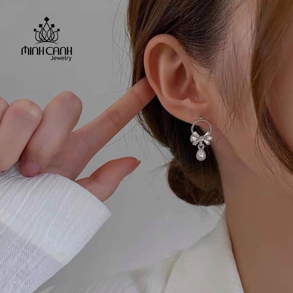 Bông Tai Bạc Vòng Tròn Nơ Treo Đá - Minh Canh Jewelry
