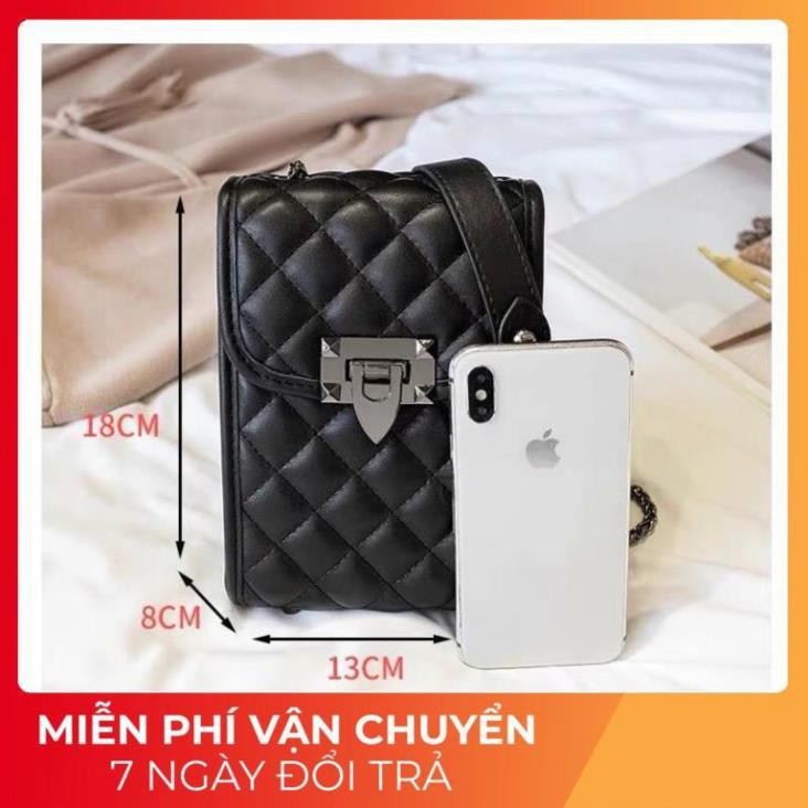 Túi xách nữ đeo chéo ( Mới ) mini đựng điện thoại phong cách Hàn Quốc / MÀU ĐEN khóa gập nhón - dây xích phối da