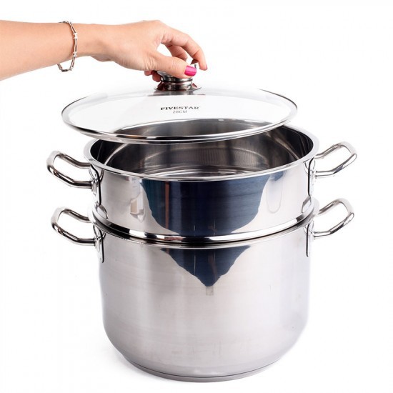 Bộ nồi xửng hấp Inox 3 đáy Fivestar 26cm nắp kính dùng bếp từ