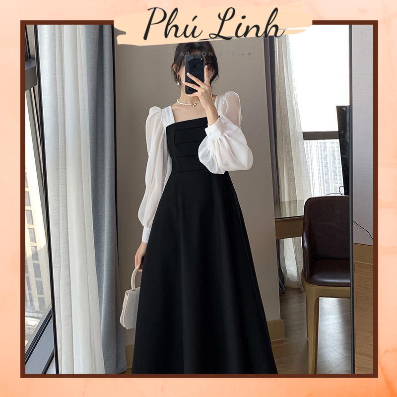 MS726 Váy đầm dài xếp ly ngực phối tay voan Quảng Châu, đầm thanh lịch công sở vintage