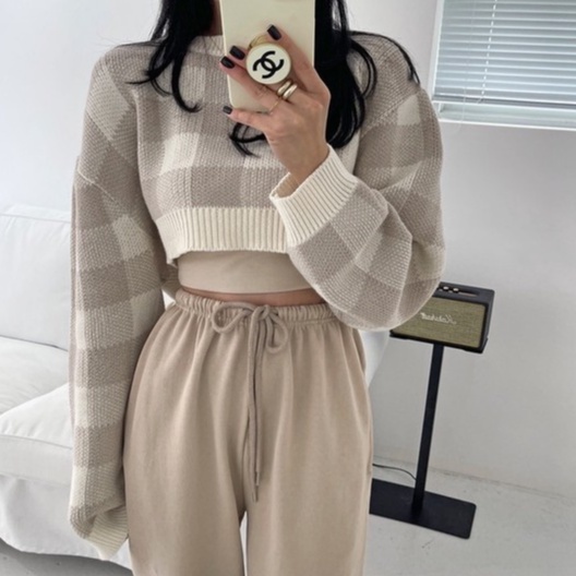 QADCOL Áo sweater croptop tay dài họa tiết caro xinh xắn thời trang cho nữ