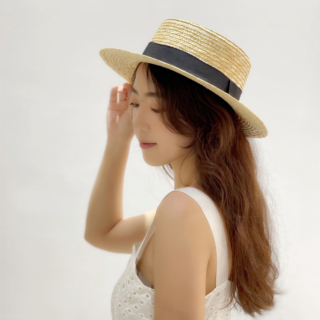 Mũ rơm đi biển Vintage Boater - viền nơ - vành rộng 7cm - (đóng hộp)