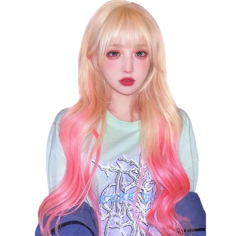 Bộ Tóc Giả Dài Xoăn Gợn Sóng Màu Hồng Bạch Kim Phong Cách lolita Dành Cho Nữ