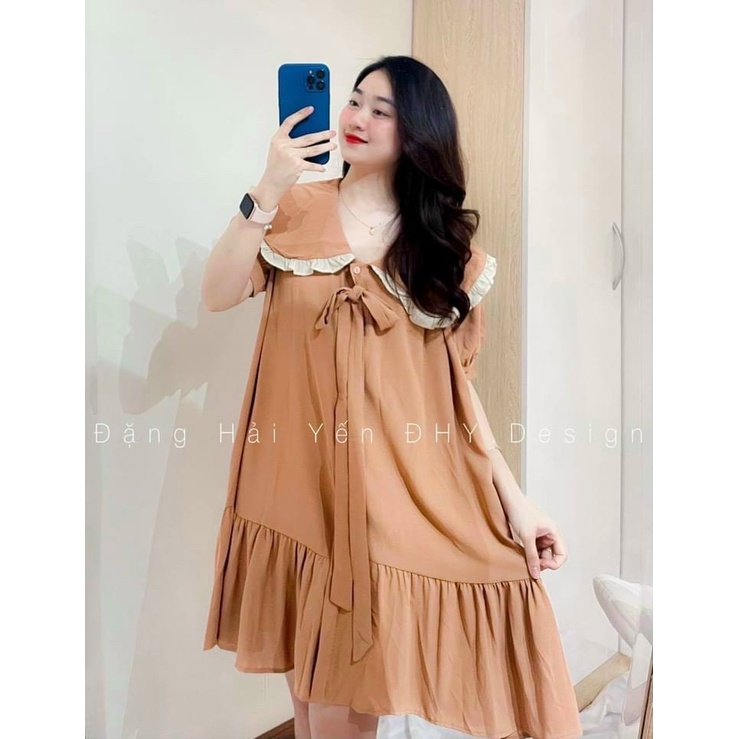 Váy Bầu Đầm Bầu Có Cổ Bèo Mùa Hè Màu Nâu Công Sở Đi Chơi Dự Tiệc HD2639 Honey Mommy