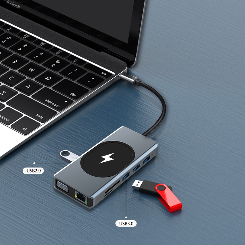 Hub Chuyển Đổi Type c Sang HDMI*2 4K VGA USB3.0 100W PD SD/TF2.0 RJ45 1000M 3.5mm Cho Macbook M1