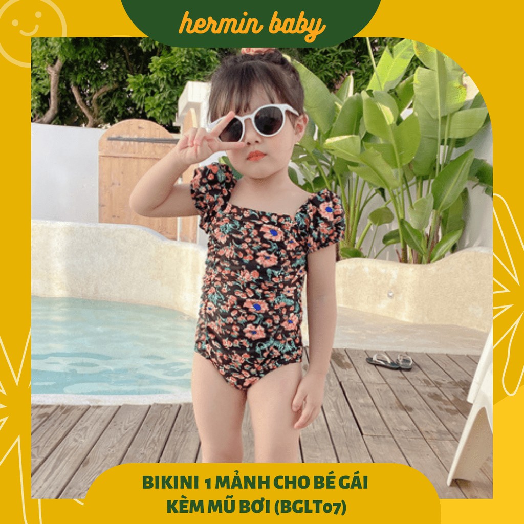 Đồ bơi bé gái - bikini bé gái 1 mảnh họa tiết hoa vintage kèm mũ bơi dễ thương-Mã BGLT07