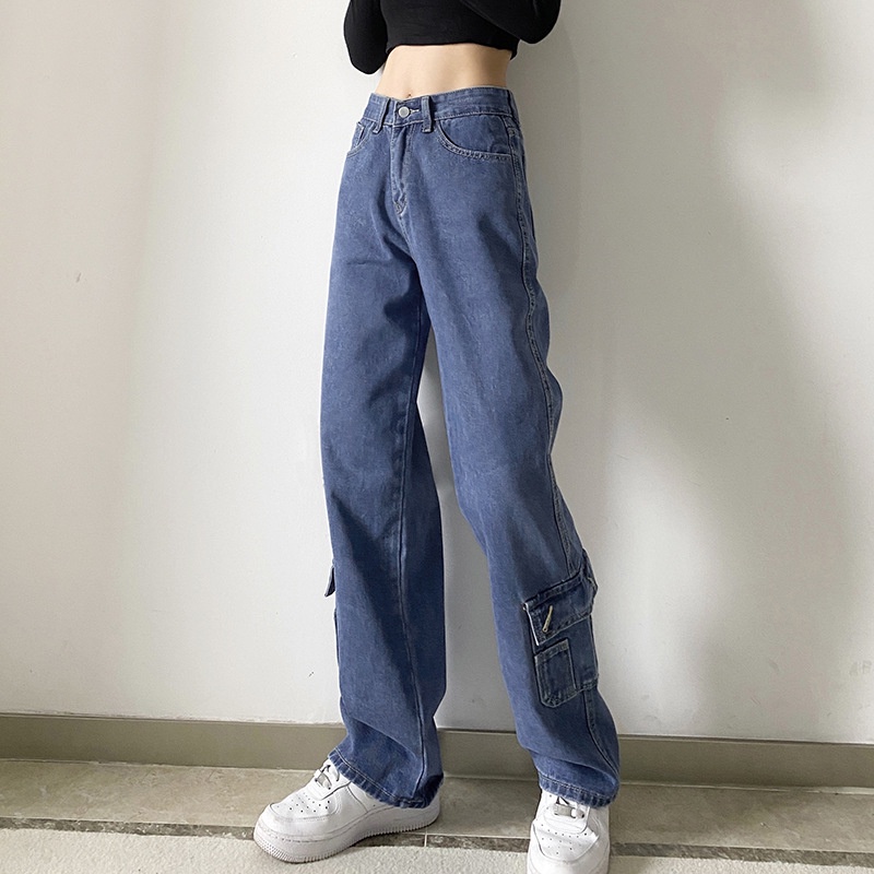 Quần Jeans Dài Lưng Cao Ống Đứng Có Túi Thời Trang Cho Nữ