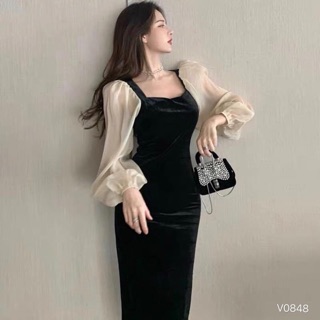 Váy nhung tay voan bồng