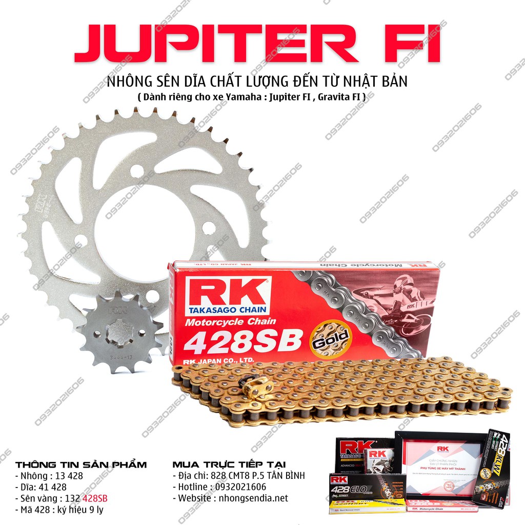 Nhông dĩa RK xe Yamaha Jupiter Gravita FI sên Vàng 9 ly chính hãng