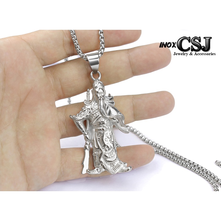 Mặt dây chuyền nam inox hình quan công màu trắng đứng oai phong, lẫm liệt sáng đẹp, không đen, không gỉ theo thời gian
