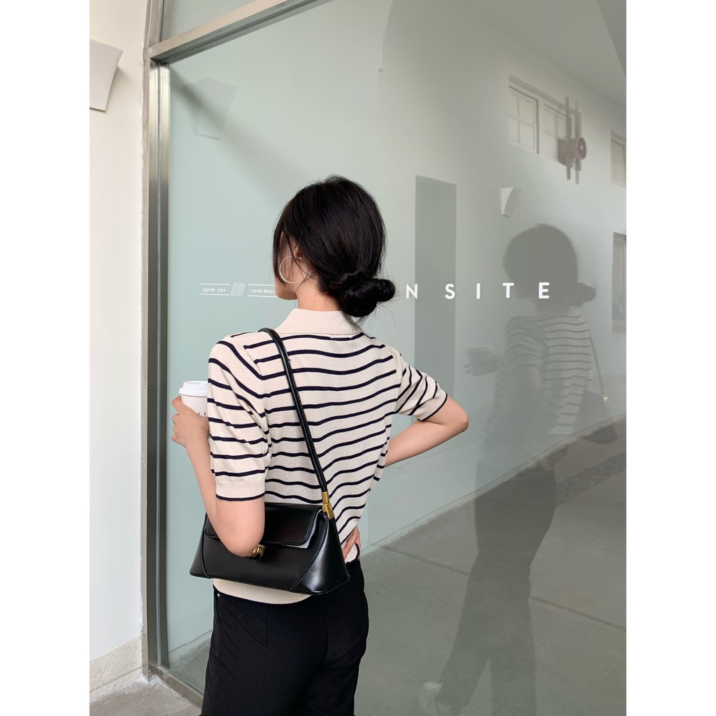 Áo Dệt Kim Tay Ngắn Dáng Rộng Họa Tiết Sọc Ngang Phong Cách Hàn Quốc Trẻ Trung | BigBuy360 - bigbuy360.vn