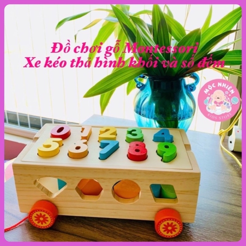 Xe kéo thả hình khối và số bằng gỗ giúp bé học hình khối, màu sắc và số đếm - Đồ chơi gỗ Montessori