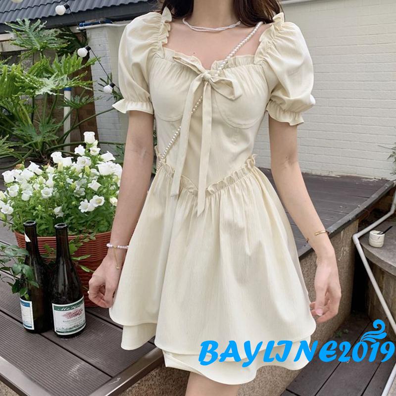 BAY-Women´s Dress, Fungus Trim Decoration Short Sleeve Solid Color Double-Layer High Waist Dresses