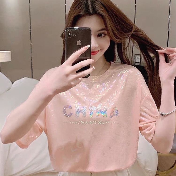 ZHELIHANGFEI Áo thun tay ngắn cổ tròn in chữ T - áo sơ mi kim cương nóng