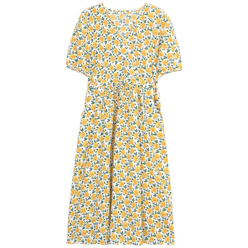 Đầm Dài Tay Ngắn Cổ Chữ V Họa Tiết Hoa Phong Cách Hong Kong Thời Trang Mùa Hè Mới Cho Nữ