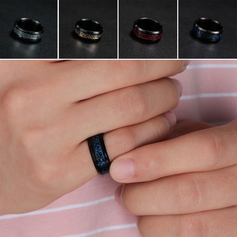 Nhẫn Thép Titan Màu Đen Họa Tiết Rồng/Rồng Nhiều Màu Kích Thước 6-13 Thời Trang Cho Nam
