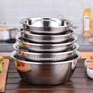 Bộ thau rổ inox không gỉ 5 món tiện dụng, dày dặn có lỗ thoát nước tiện dụng