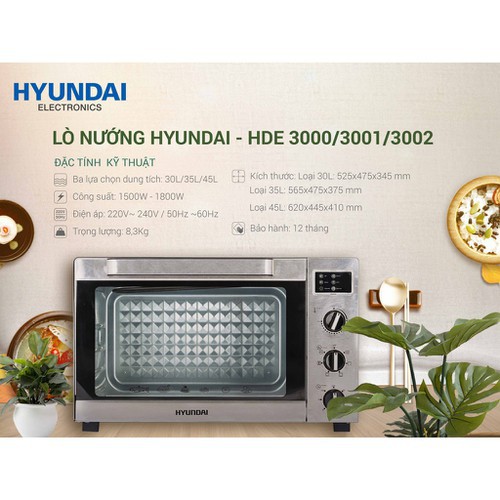 Lò nướng đa năng Hyundai HDE 3000/3001/3002, Dung tích  30L/35L/45L, Bảo hành 12 tháng [Chính Hãng][FreeShip]