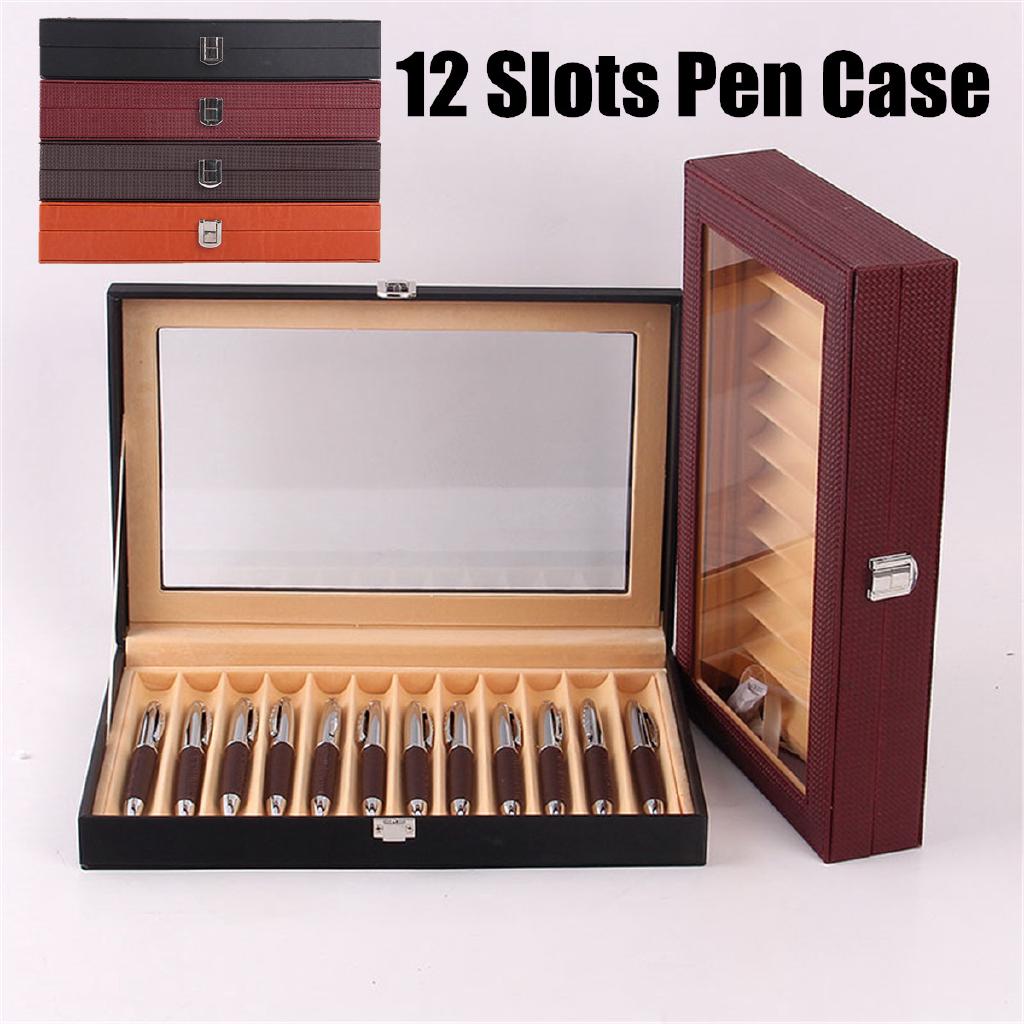 12 Pen Slots Fountain Display Case Holder PU Leather Storage Organizer Box Gift
