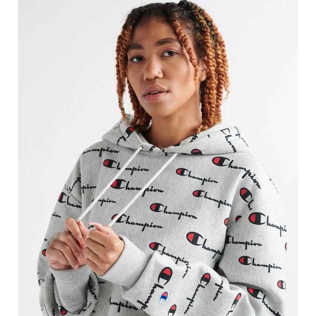 Set nỉ hoodie jogger Champion Allover Script màu xám WL659P  ML777P