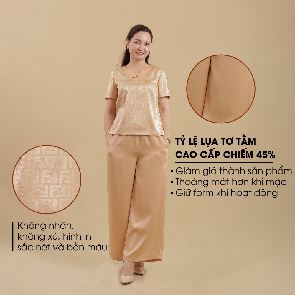 Đồ Bộ Trung Niên Lụa Việt Cao Cấp ANCHI B07 Vàng, Bộ Mặc Nhà Nữ Sang Trọng Cho Mẹ