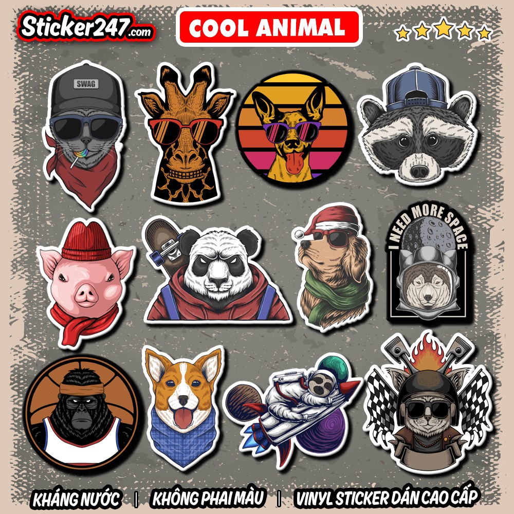Sticker Cool Animal chất ngầu 𝑭𝒓𝒆𝒆𝒔𝒉𝒊𝒑 decal hình dán laptop, điện thoại, đàn guitar, mũ bảo hiểm, vali, ipad