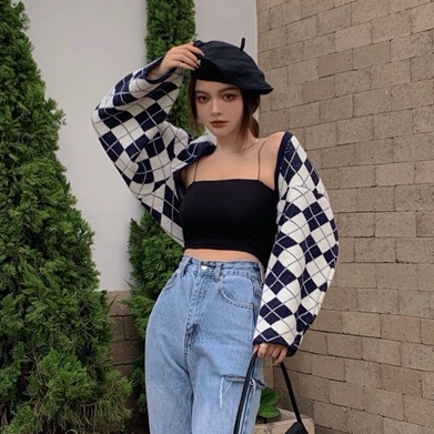 【ZHELIHANGFEI】Áo Khoác Cardigan Dệt Kim Tay Dài Họa Tiết Sọc Caro Phong Cách Quyến Rũ