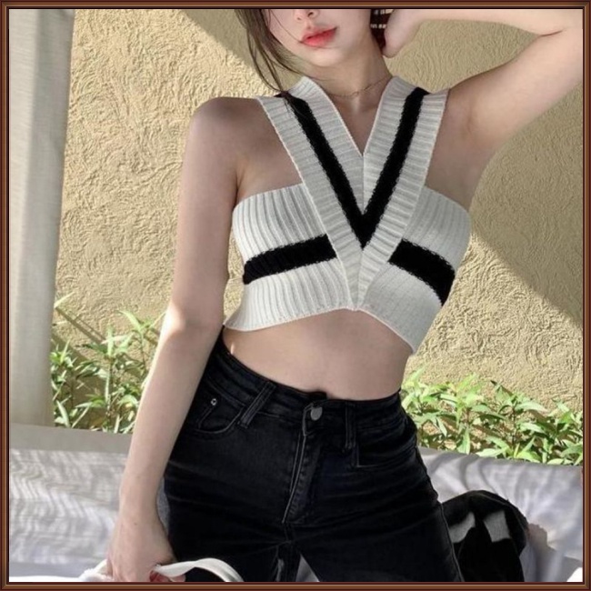 Áo Croptop Dệt Kim Sát Nách Cổ Chữ V Họa Tiết Kẻ Sọc Thời Trang Mùa Hè Cho Nữ