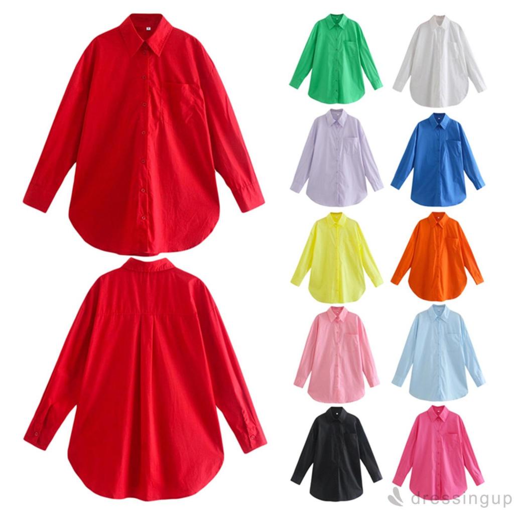 DRE-Women´s Long Sleeve Shirt, Solid Color Turn-Down Collar Button-Down Loose Fit Shirt