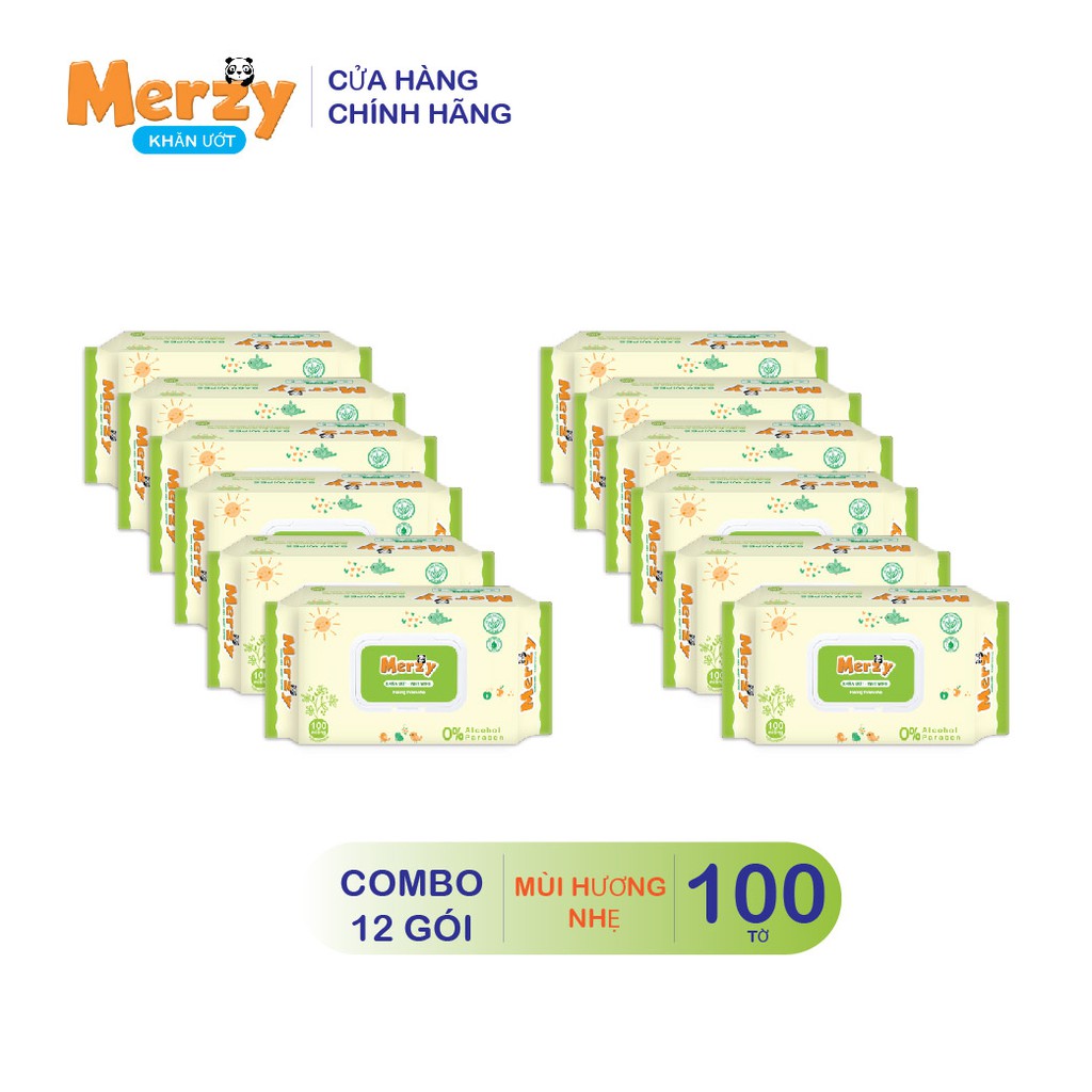 Combo 12 gói khăn ướt Merzy mùi hương lô hội gói rút 100 tờ