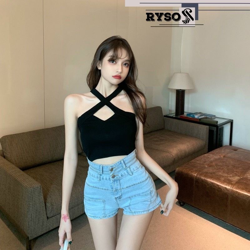 Áo kiểu nữ croptop chất thun mềm mịn cổ yếm siêu xinh