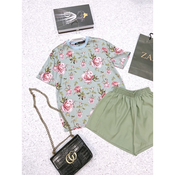 BÁN SỈ BỘ LỤA HOA XANH QUẦN SOOC CHO NỮ - Tag ZRF một màu