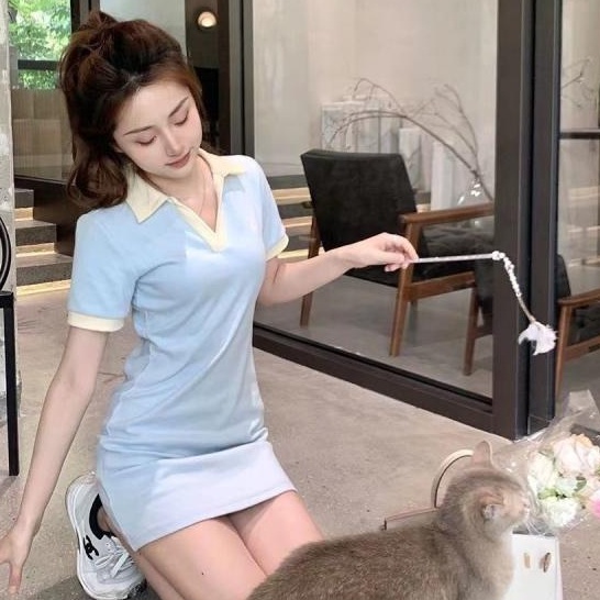 [MURIOKI] Đầm Ngắn Ôm Eo Cổ Polo đầm len thêu Bằng Vải Cotton Phong Cách Ngọt Ngào Thời Trang Mới 2022 đầm thun co giãn