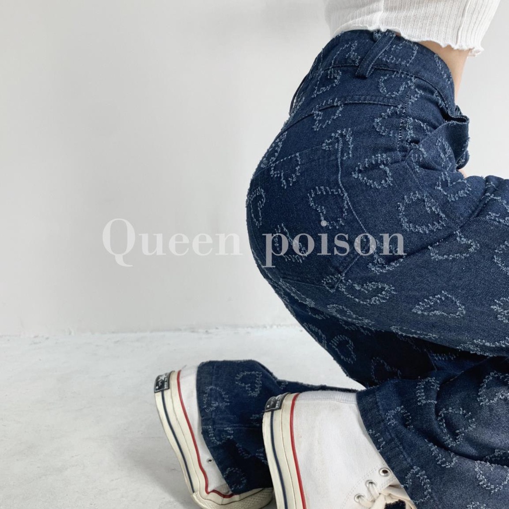 Quần Jean Ống Rộng Thêu Trái Tim Hot Trend Cá Tính Ngầu Chất- Quần Jeans Ống Đứng Phong Cách Hàn Sang Chảnh