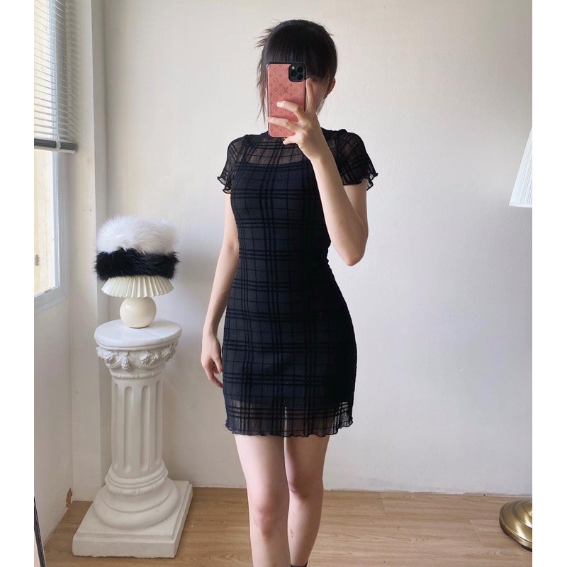 [Có sẵn] [Ảnh thật] Váy lưới kẻ caro tay dài rời | BigBuy360 - bigbuy360.vn