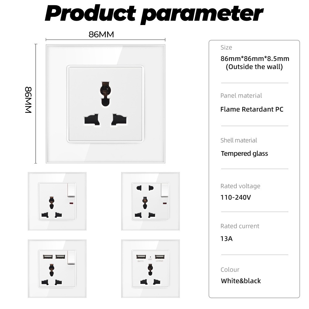 SMATRUL 13A American standard wall power plug socket switch tempered glass panel