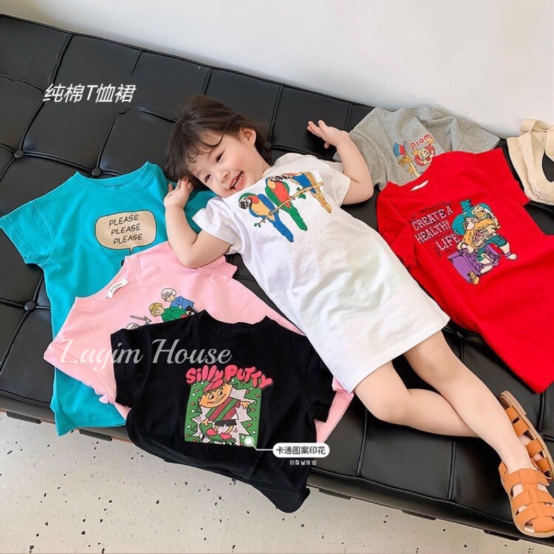 Đầm Thun Cotton Dáng Suông Cộc Tay Họa Tiết Hoạt Hình Cho Bé Gái - Lagim House