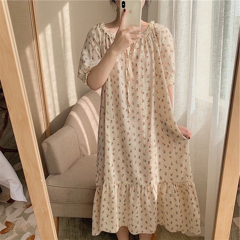 Váy nữ tay ngắn chất đũi mịn hoạ tiết hoa nhí dễ thuơng Quảng Châu cao cấp | BigBuy360 - bigbuy360.vn