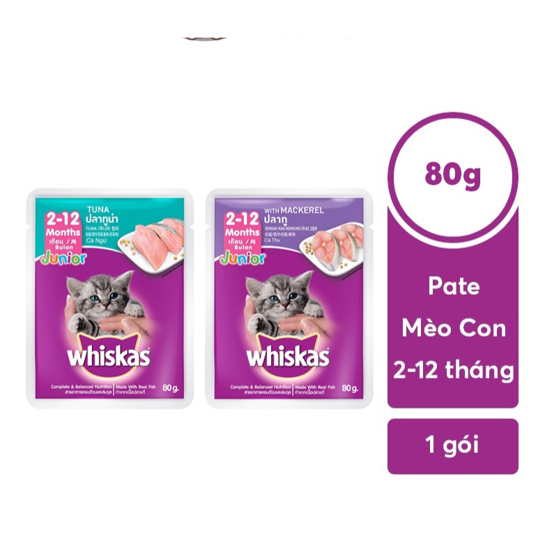 Whiskas mèo con (Junior) - 24 gói x 80g: cá thu và cá ngừ