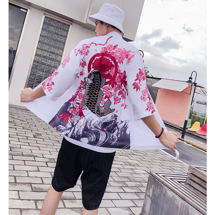 Kimono Haori Happi RỒNG CÁ CHÉP HẠC SẾU  phong cách Harajuku Nhật Bản Áo khoác kimono nam cực chất làm áo lớp áo nhóm