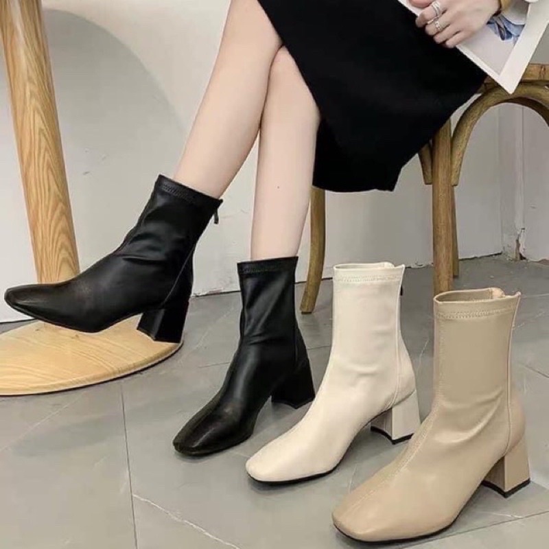 (Kèm -loại 1)) Bốt nữa Meja Boots da nhăn đế trụ có phong cách cá tính