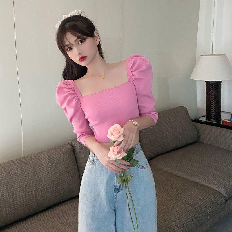 Áo Thun Dệt Kim Tay Ngắn Phồng Cổ Vuông Phong Cách Hàn Quốc Thời Trang Mùa Hè Cho Nữ