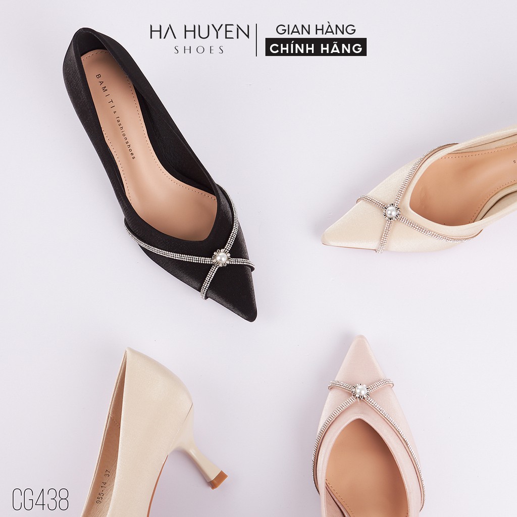 Giày cao gót lụa nữ Hà Huyền Shoes mũi nhọn đính đá chéo ngọc trai gót cong 5 phân - CG438