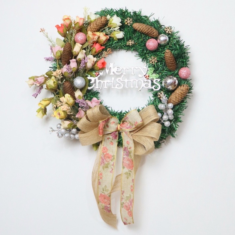 Vòng Hoa Trang Trí Noel D50 size 40cm Tặng Kèm Đèn, Vòng Nguyệt Quế Giáng Sinh