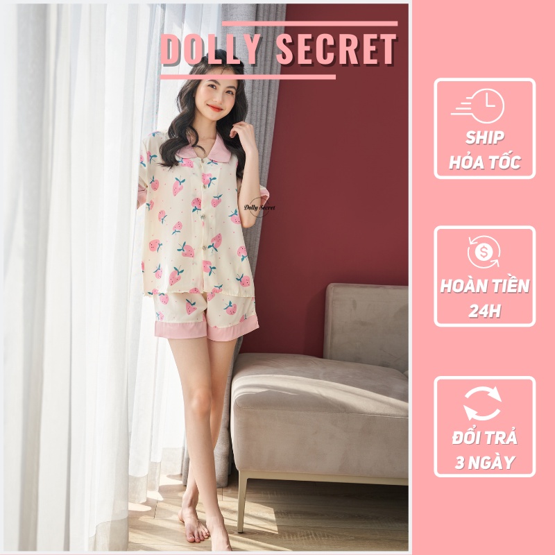 Bộ mặc nhà lụa mango cộc tay Pijama màu hồng đáng yêu họa tiết trái dâu dễ thương DOLLY SECRET CC06